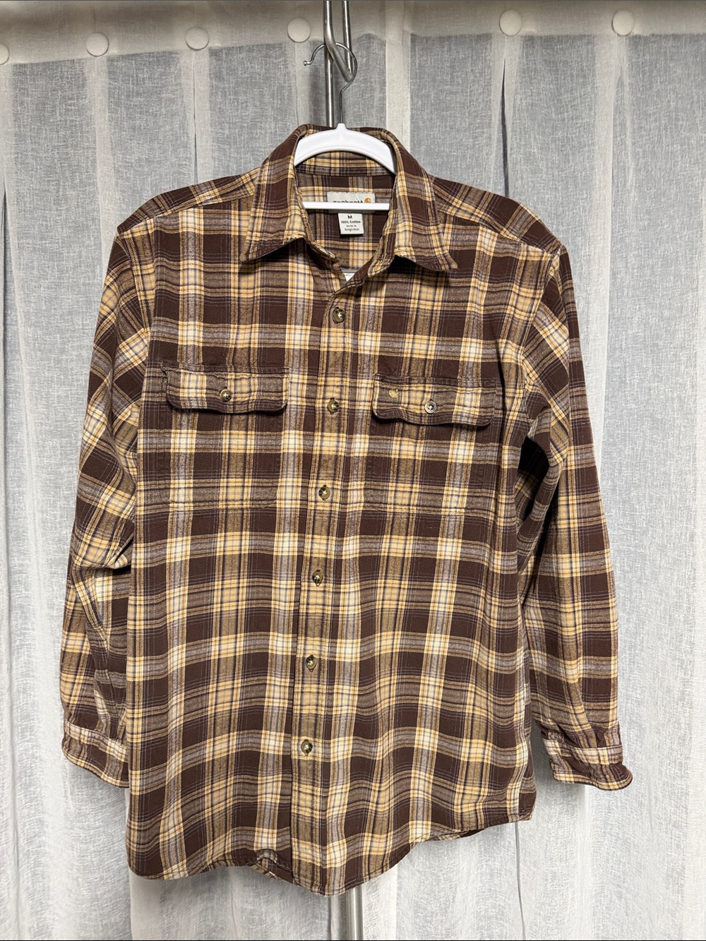 Carhartt Brown and Cream Plaid Button-Down heavy Work Shirt     0188